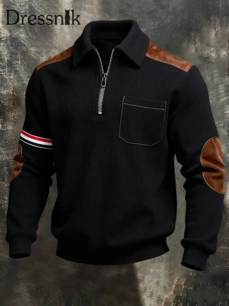 Herren-Sweatshirt mit schwarzem gestreiften Ärmeln aus Leder-Akzent mit viertem Reiß verschluss mehrfarbig / S