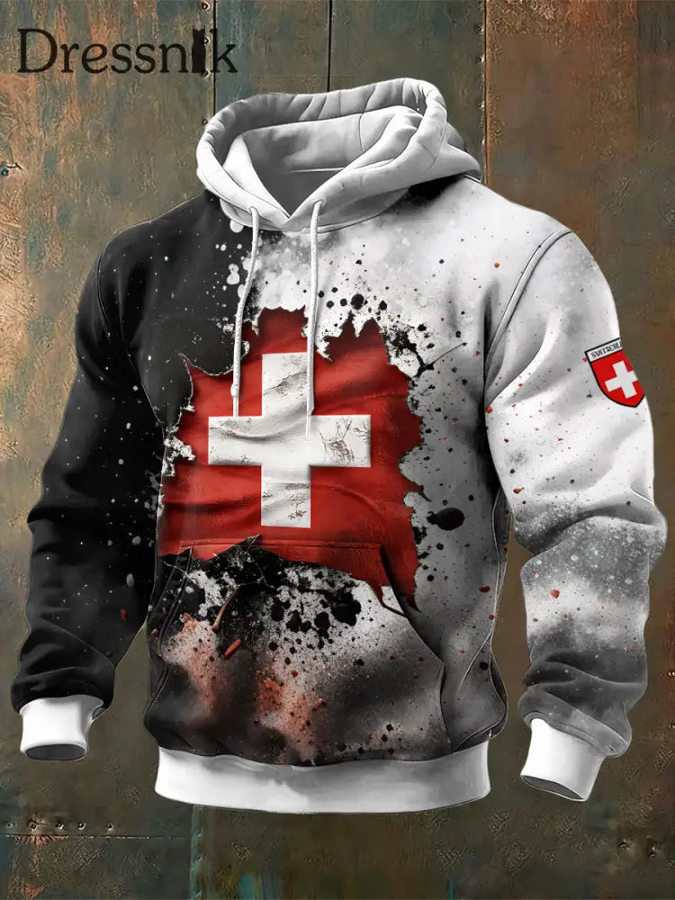 Herren-Sweatshirt mit Schweizer Flagge schwarz-weiß mit Kapuze mehrfarbig / S