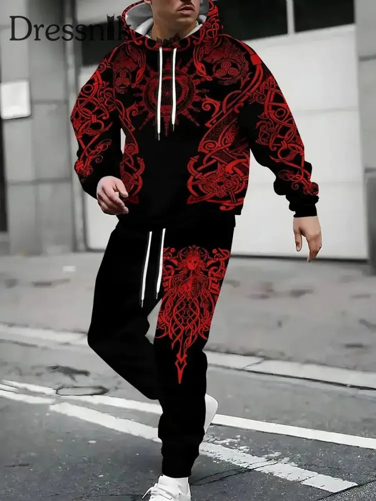 Herren-Sweatshirt-Set mit Retro-Print und Kapuze C / L