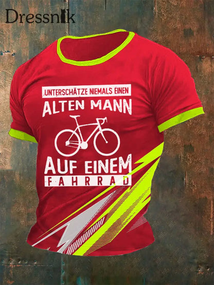 Herren-T-Shirt Alter Mann Auf Einem Fahrrad Rot / S