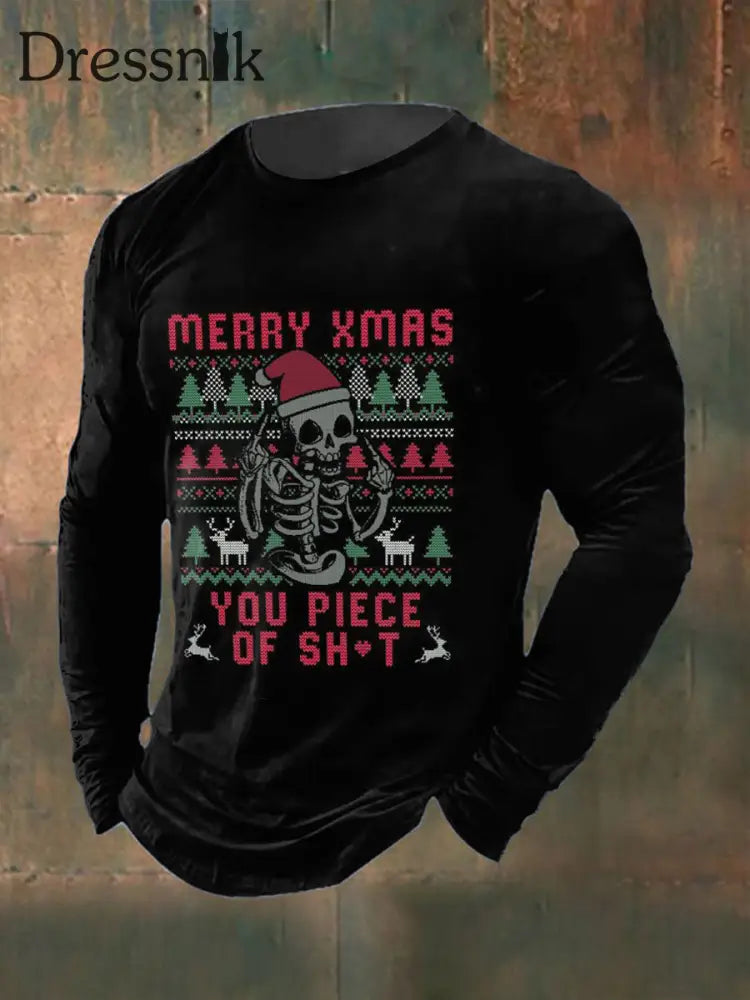 Herren-T-Shirt mit gotischem Weihnachts druck lang ärmelig Rundhals ausschnitt Schwarz / S