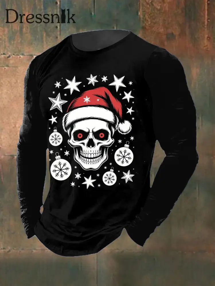 Herren-T-Shirt mit gotischem Weihnachts schädel bedrucktes lang ärmel iges Rundhals-T-Shirt Schwarz / S