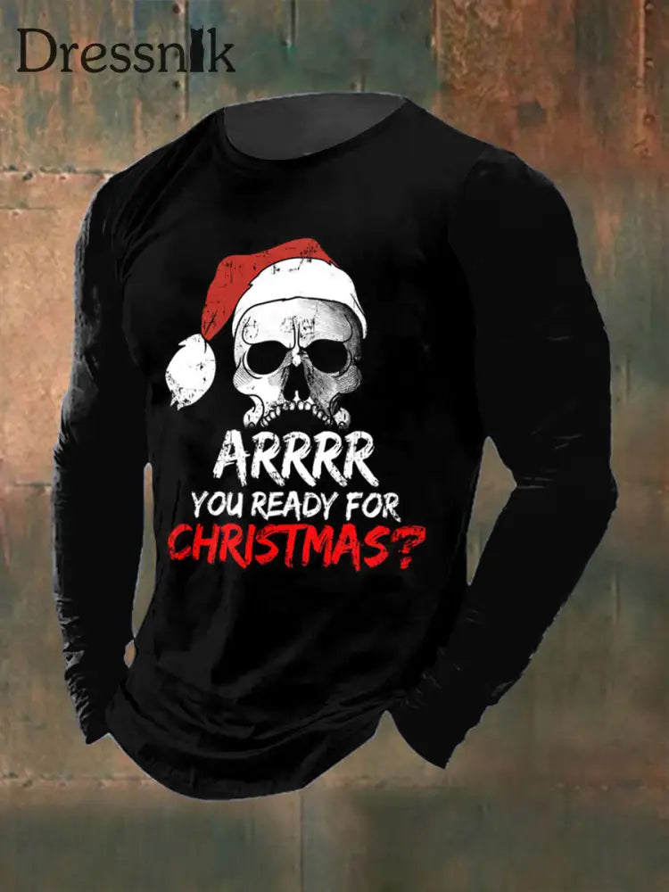 Herren-T-Shirt mit gotischem Weihnachts schädel bedrucktes lang ärmel iges Rundhals-T-Shirt Schwarz / S
