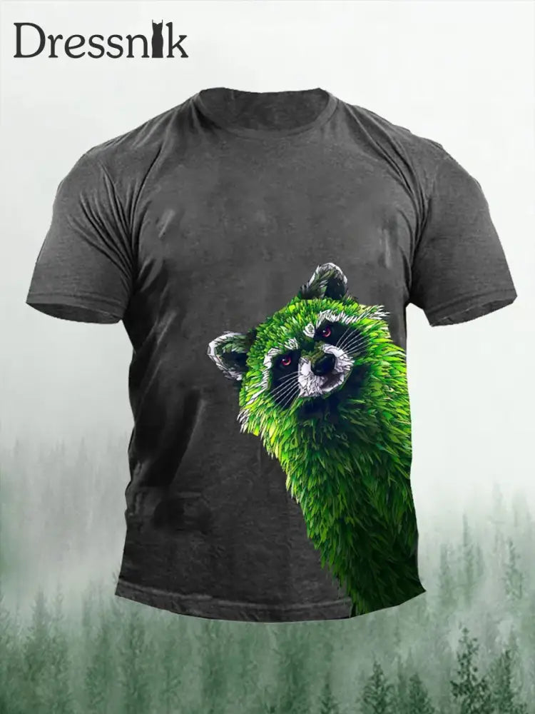 Herren-T-Shirt mit grünem Waschbär druck Dunkelgrau / S