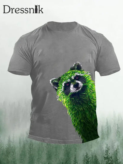 Herren-T-Shirt mit grünem Waschbär druck Hellgrau / S