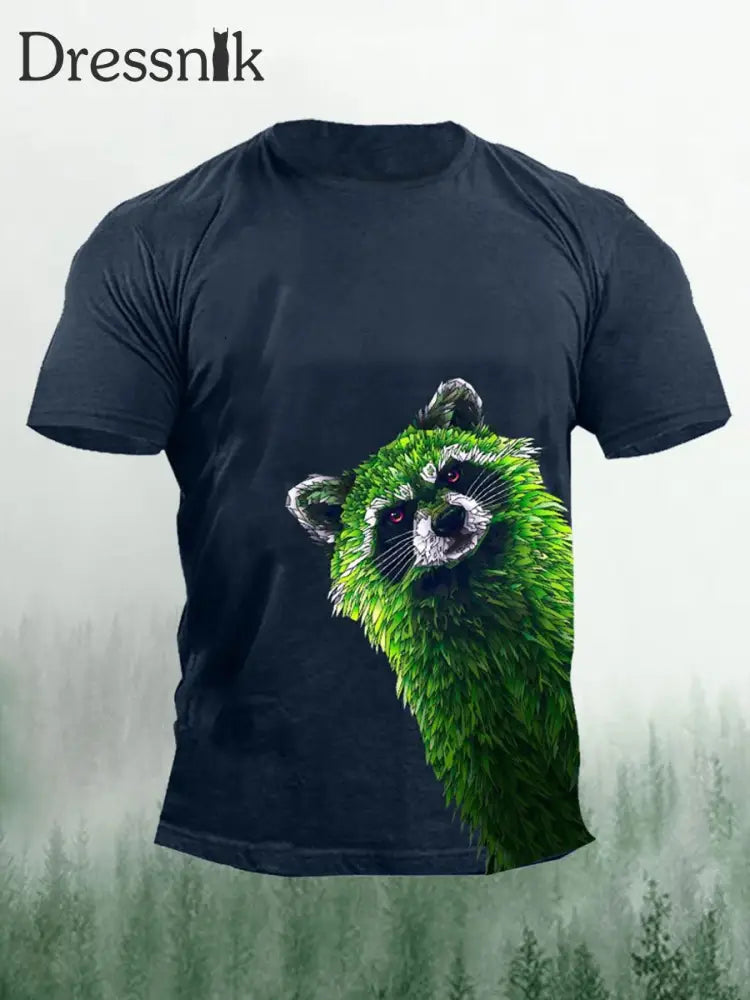 Herren-T-Shirt mit grünem Waschbär druck Marineblau / S