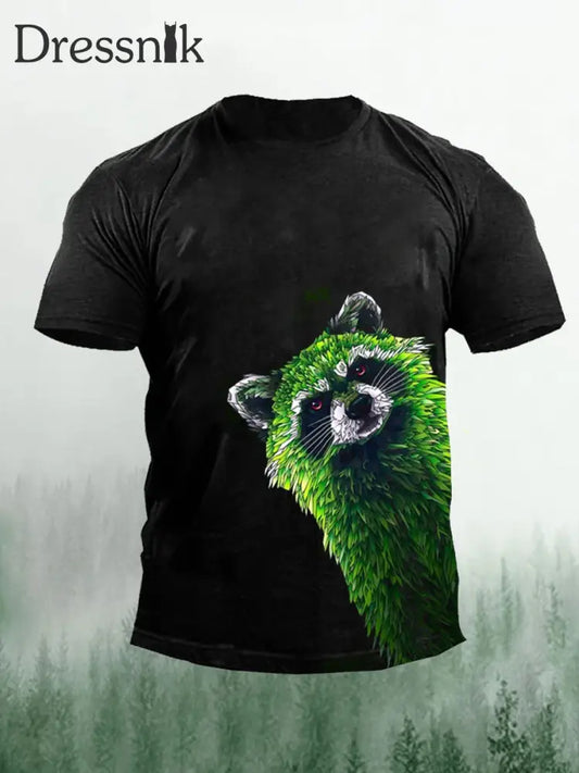 Herren-T-Shirt mit grünem Waschbär druck Schwarz / S