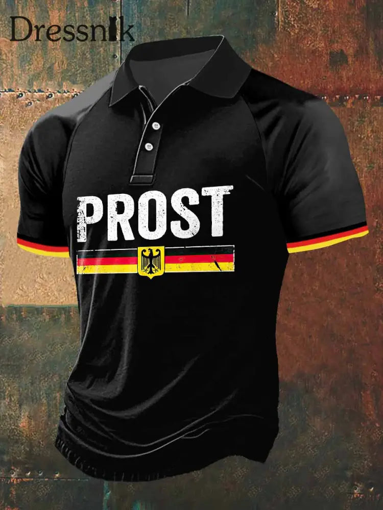 Herren-T-Shirt mit Prost-Print Polo-Ausschnitt Kurzarm Schwarz / S