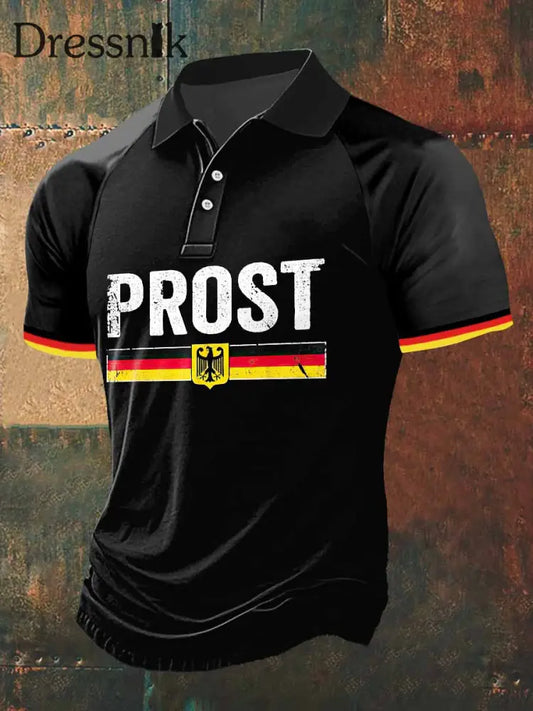 Herren-T-Shirt mit Prost-Print Polo-Ausschnitt Kurzarm Schwarz / S