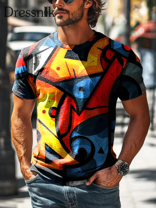 Herren-T-Shirt mit Retro-buntem geometrischem Druck kurzarm bunt / S