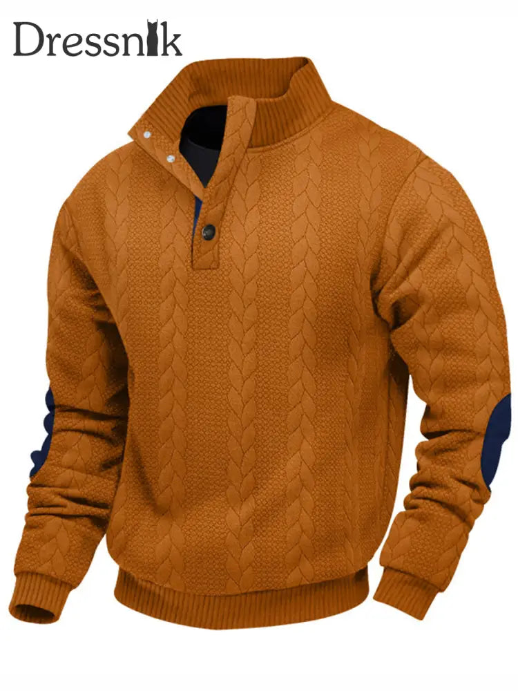 Herren Textur Mit Knöpfen Und V-Ausschnitt Ständer Kragen Langarm Jacquard Stricken Outdoor