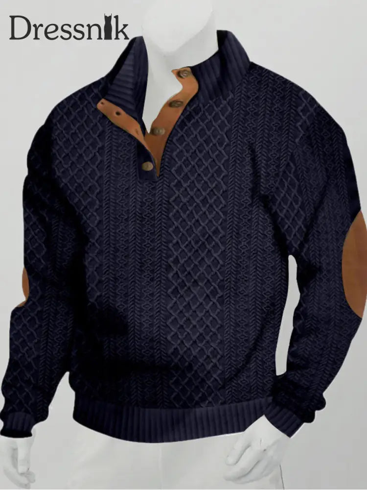 Herren Textur Mit Knöpfen Und V-Ausschnitt Ständer Kragen Langarm Jacquard Stricken Outdoor