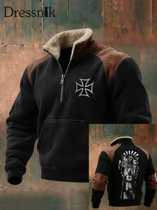 Herren Tough Deutsches Kreuz & Krieger Grafik Leder-Akzent Sherpa-ausgekleidet Sweatshirt mehrfarbig / S