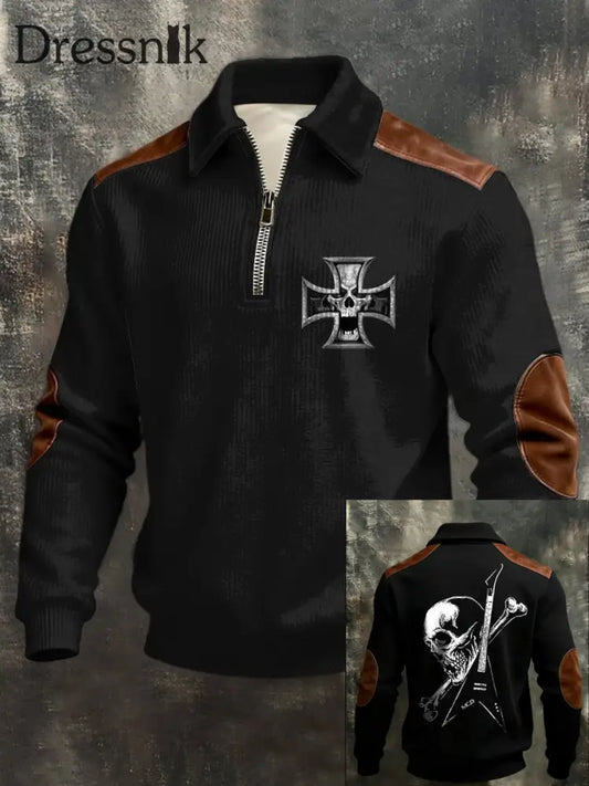 Herren Tough Deutsches Kreuz Schädel & Gitarre Rücken Grafik Leder-Akzent Sweatshirt mehrfarbig / S