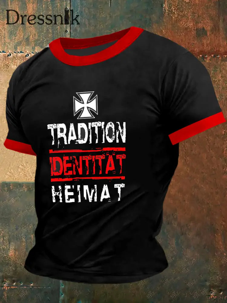 Herren Tradition Identitat Heimat Print Vintage Mode Kurzarm T-Shirt Schwarz / S