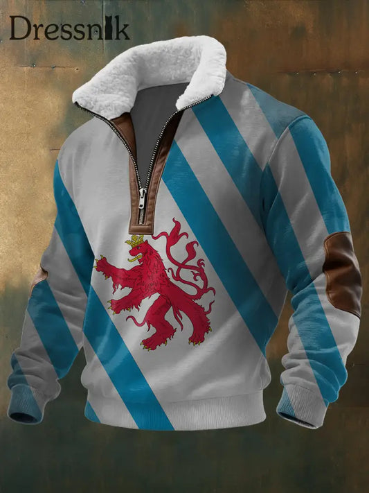 Herren Vibrant Red Lion Gestreifter Aufdruck Sherpa-Kragen Pullover mehrfarbig / S