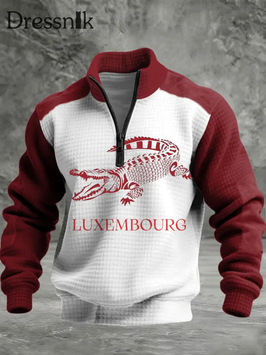 Herren Vibrierendes rotes Krokodil Luxemburger Druck Zweifarbiger Ständer-Kragen Pullover mehrfarbig / S