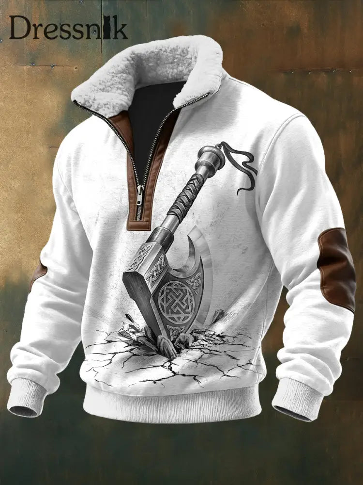 Herren Viking Battle Axe Bedruckt Langarm Stehkragen Lambhaar Reiß verschluss Top Weiß / S