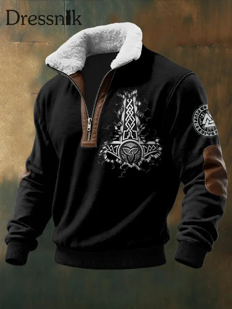 Herren Viking Bedruckt Lang ärmel iges Stehkragen Lambhaar-Reiß verschluss oberteil Schwarz / S