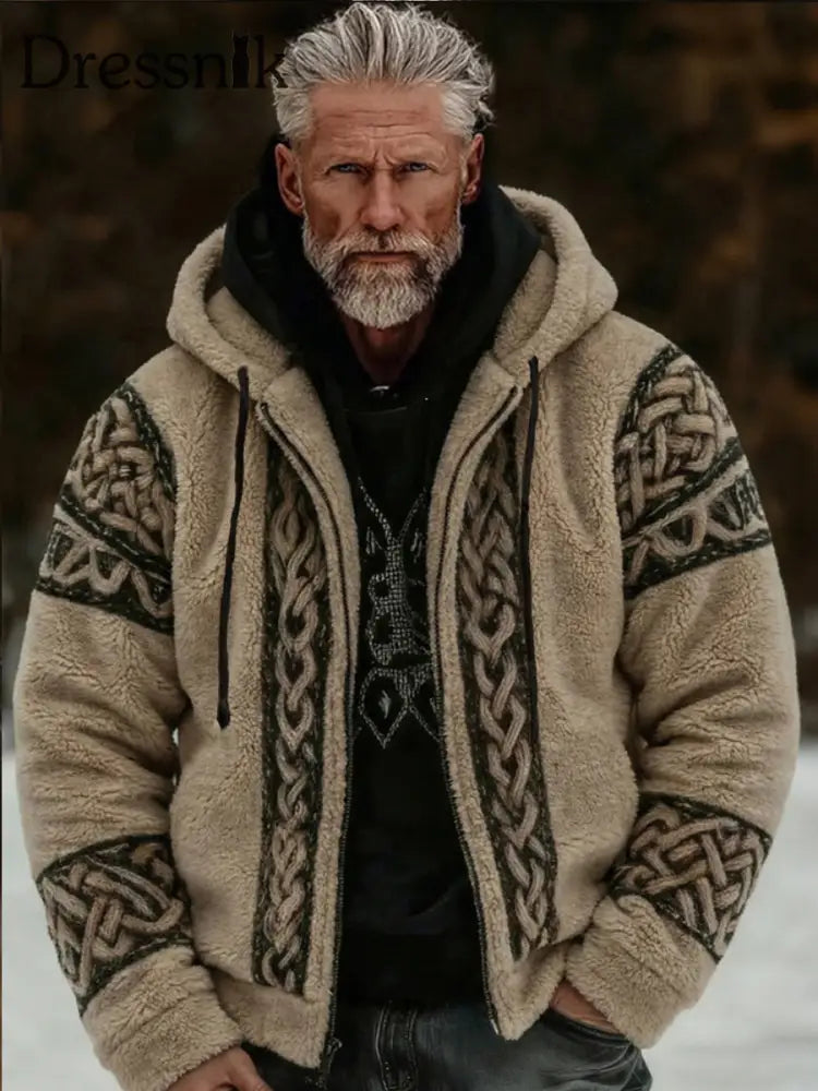 Herren Viking Celtic Art Plüsch Gemütliche warme Kapuzen-Flanell jacke mit Reiß verschluss Khaki / S