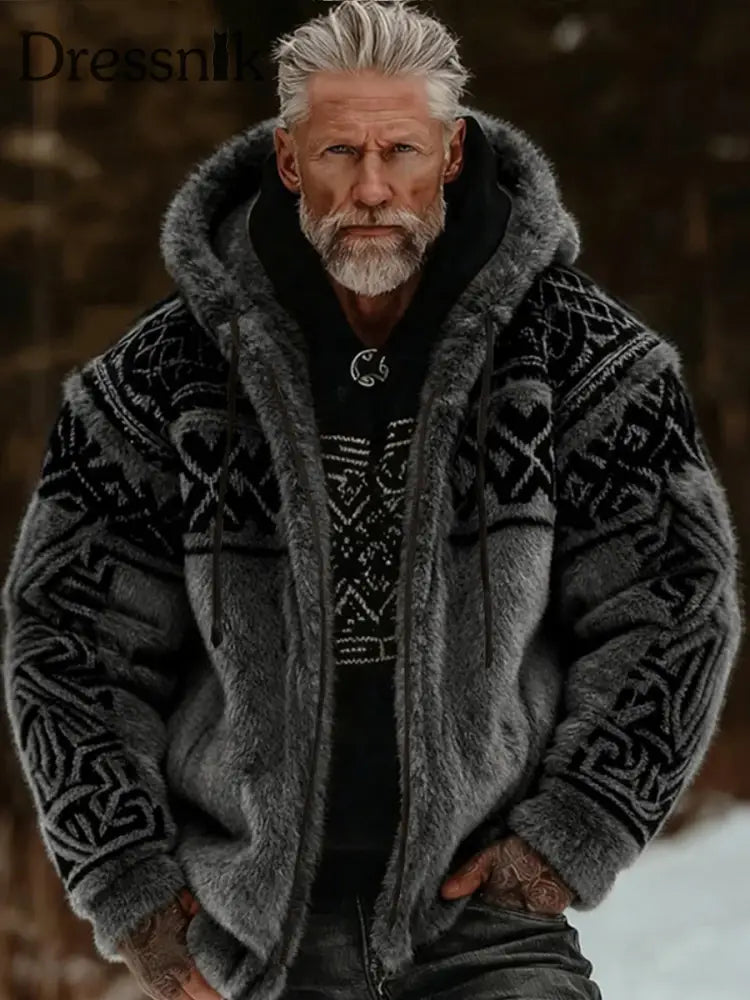 Herren Viking Celtic Art Plüsch Gemütliche warme Kapuzen jacke mit Reiß verschluss Dunkelgrau / S