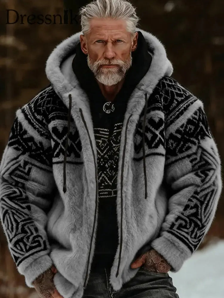 Herren Viking Celtic Art Plüsch Gemütliche warme Kapuzen jacke mit Reiß verschluss Grau / S