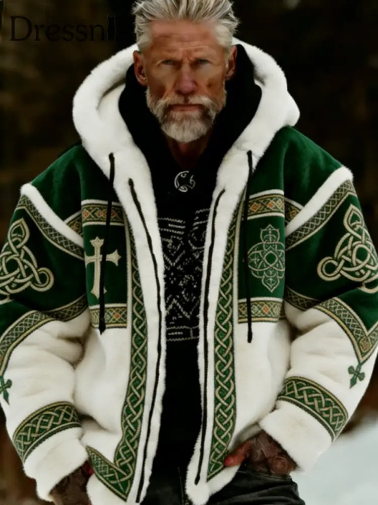 Herren Viking Celtic Art Plüsch Gemütliche warme Kapuzen jacke mit Reiß verschluss Grün / S