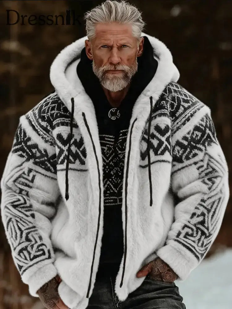Herren Viking Celtic Art Plüsch Gemütliche warme Kapuzen jacke mit Reiß verschluss Weiß / S