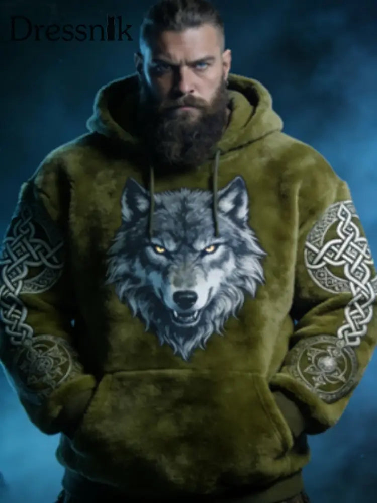 Herren Viking Celtic Wolf Muster Kunst Casual Flanell Hoodie