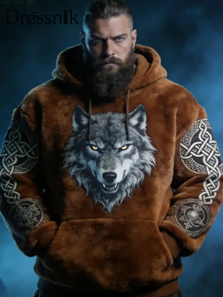 Herren Viking Celtic Wolf Muster Kunst Casual Flanell Hoodie