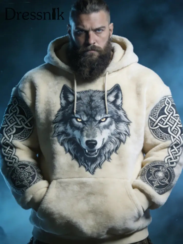 Herren Viking Celtic Wolf Muster Kunst Casual Flanell Hoodie