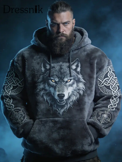 Herren Viking Celtic Wolf Muster Kunst Casual Flanell Hoodie Dunkelgrau / S