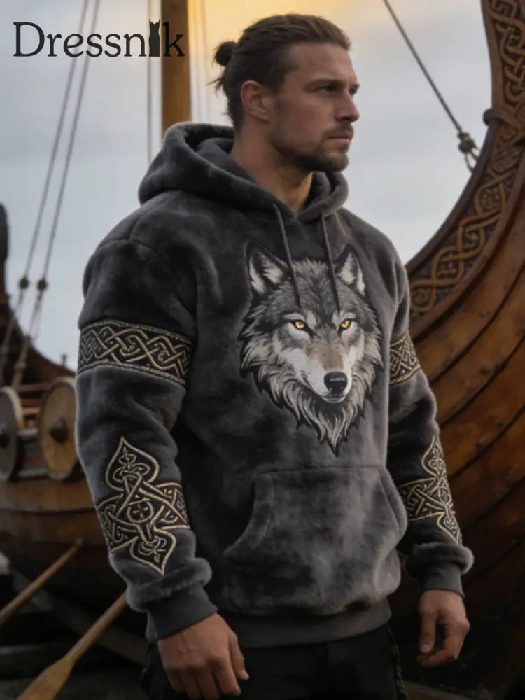 Herren Herren Viking Celtic Wolf Muster Kunst Casual Flanell Hoodie Dunkelgrau / S