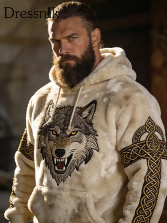 Herren Herren Viking Celtic Wolf Muster Kunst Casual Flanell Hoodie Khaki / S