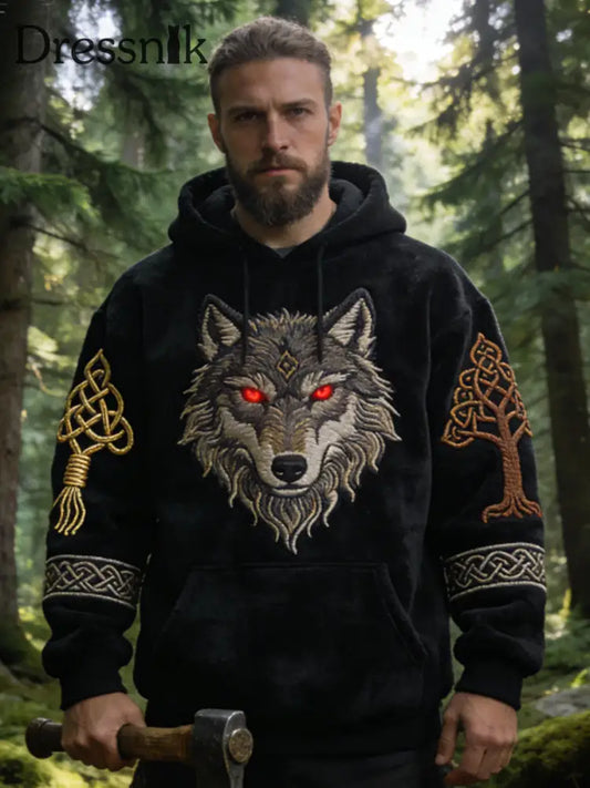 Herren Viking Celtic Wolf Muster Kunst Casual Flanell Hoodie Schwarz / S