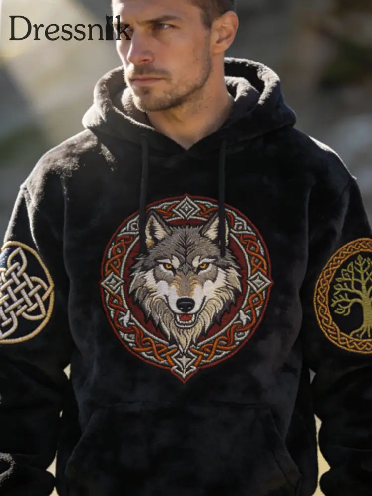 Herren Viking Celtic Wolf Muster Kunst Casual Flanell Hoodie Schwarz / S