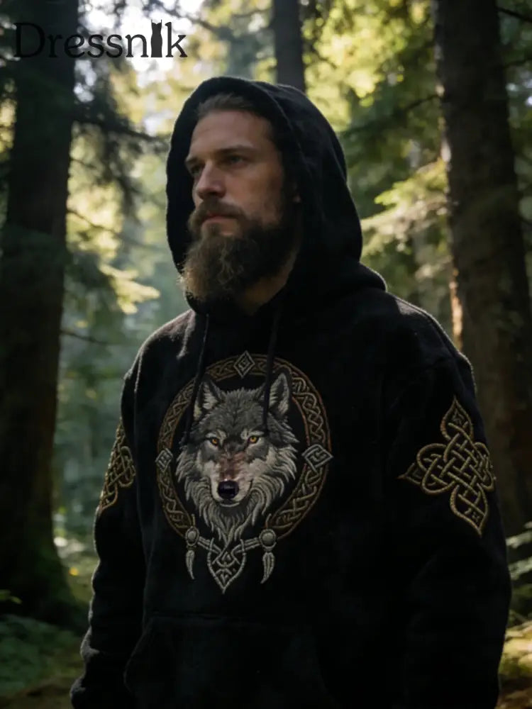 Herren Viking Celtic Wolf Muster Kunst Casual Flanell Hoodie Schwarz / S