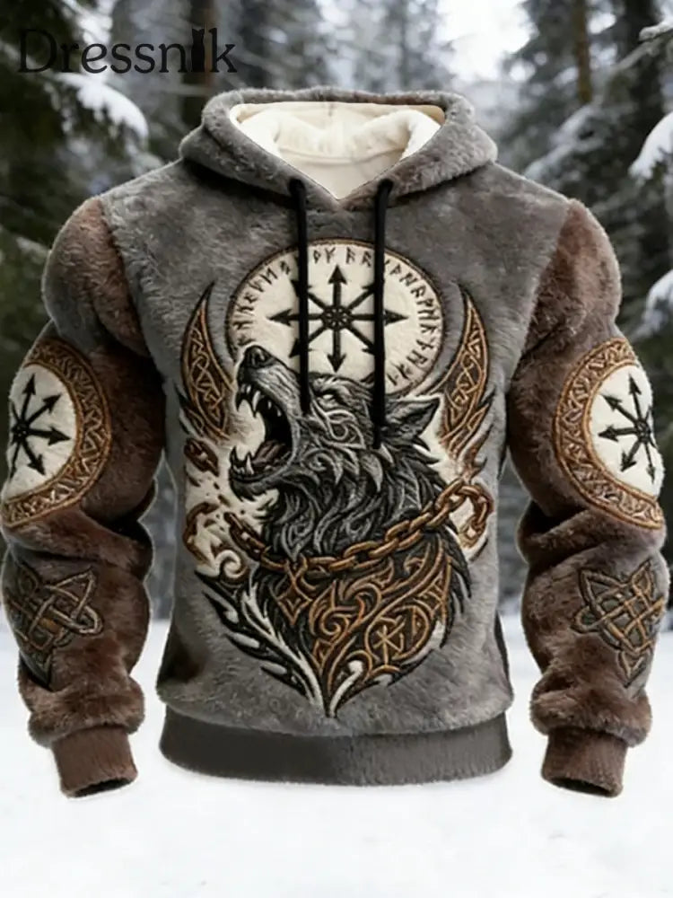 Herren Viking Giant Wolf & Vegvisir Totem Flanell mit Kapuze Sweat shir Braun / S