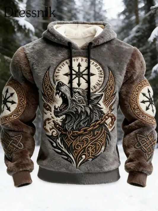 Herren Viking Giant Wolf & Vegvisir Totem Flanell mit Kapuze Sweat shir Braun / S