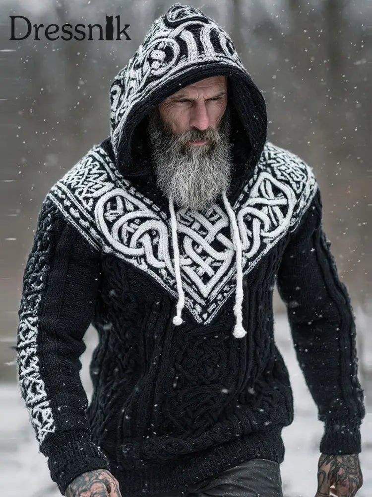 Herren Viking Kapuzen-Sweatshirt Schwarz und Weiß / S