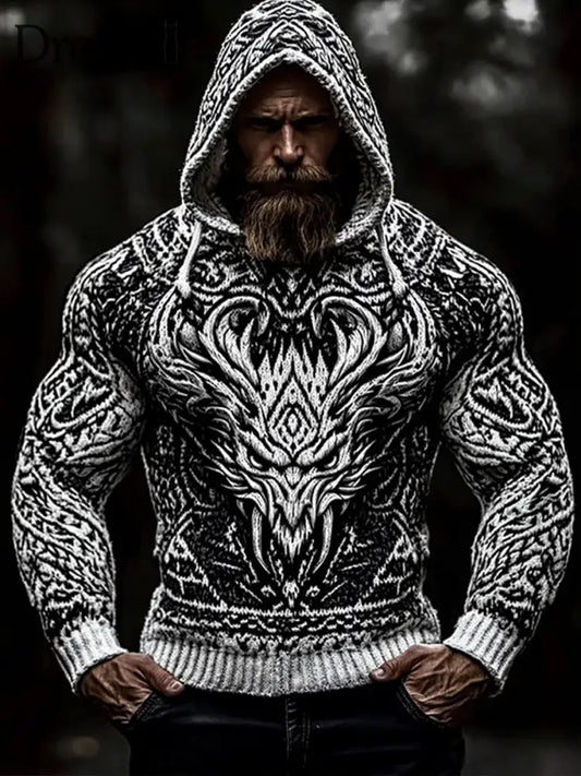 Herren Viking Kapuzen-Sweatshirt Schwarz und Weiß / S