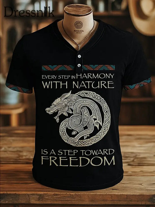 Herren Viking Kunst Bedrucktes V-Ausschnitt Retro Kurzarm Knopf T-Shirt A / S