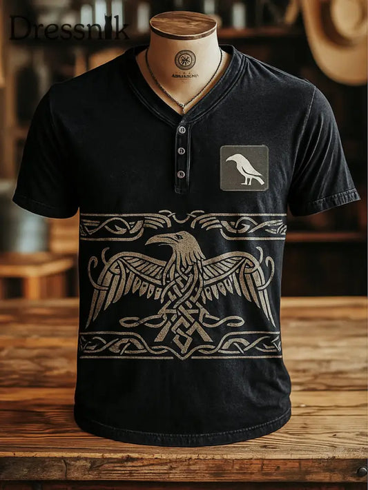 Herren Viking Kunst Bedrucktes V-Ausschnitt Retro Kurzarm Knopf T-Shirt A / S
