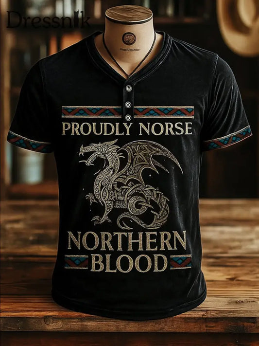Herren Viking Kunst Bedrucktes V-Ausschnitt Retro Kurzarm Knopf T-Shirt A / S