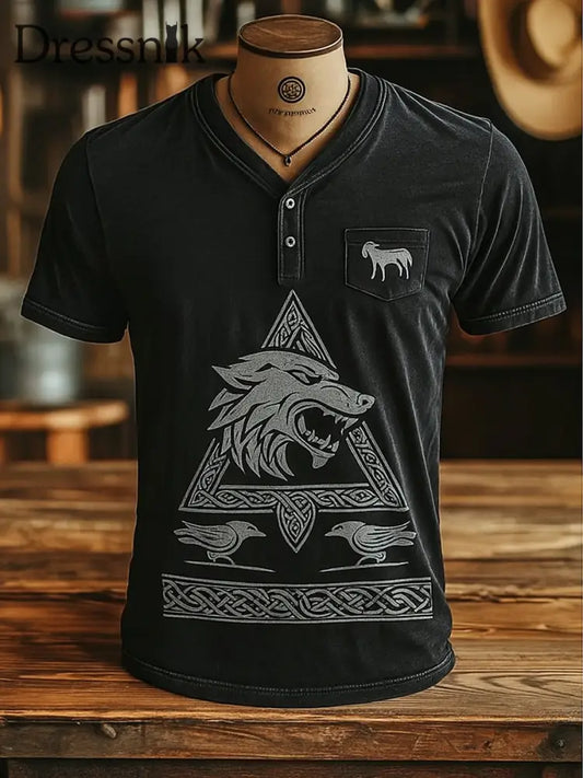 Herren Viking Kunst Bedrucktes V-Ausschnitt Retro Kurzarm Knopf T-Shirt A / S