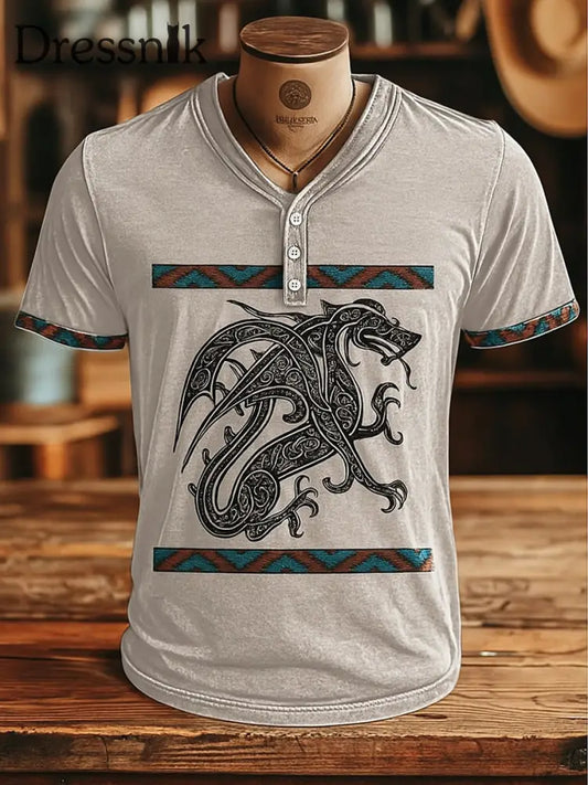 Herren Viking Kunst Bedrucktes V-Ausschnitt Retro Kurzarm Knopf T-Shirt A / S
