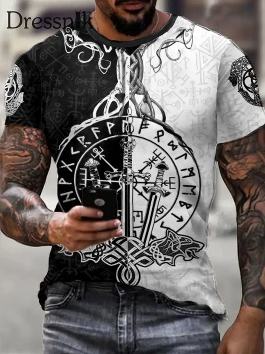 Herren Viking Style Odin Ravens & Vegvisir Bedrucktes T-Shirt Schwarz / S