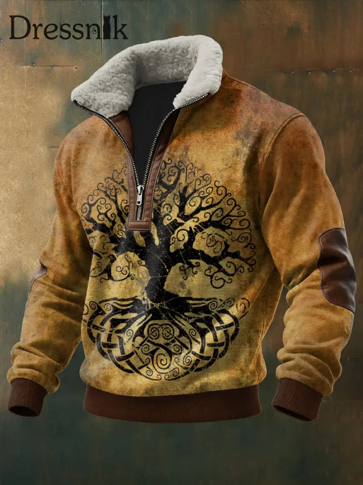 Herren Viking Tree Bedrucktes Langärmliges Stehkragen Lambhaar-Reiß verschluss oberteil Braun / S