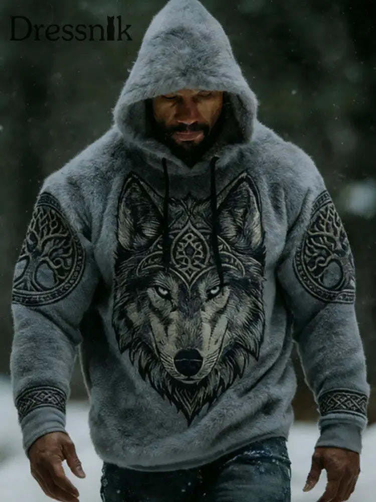 Herren Viking Vintage Wolf Celtic Flanell Warm Hoodie blau / S