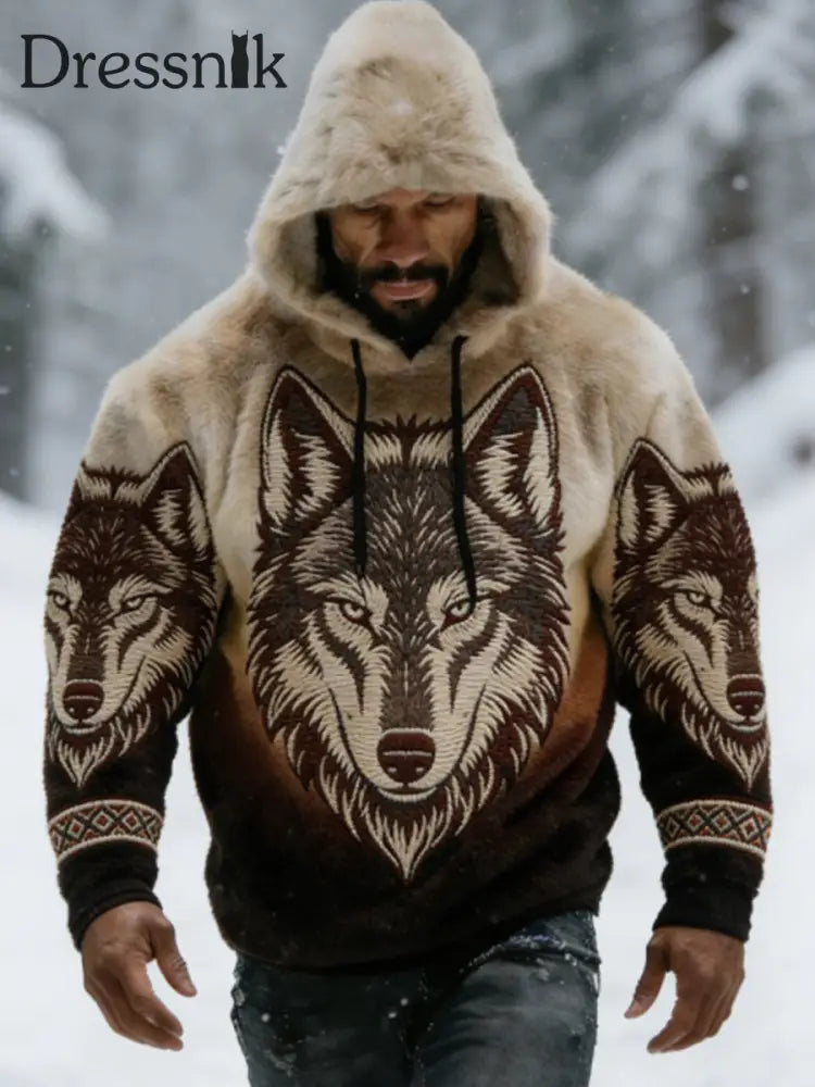 Herren Viking Vintage Wolf Celtic Flanell Warm Hoodie Khaki / S